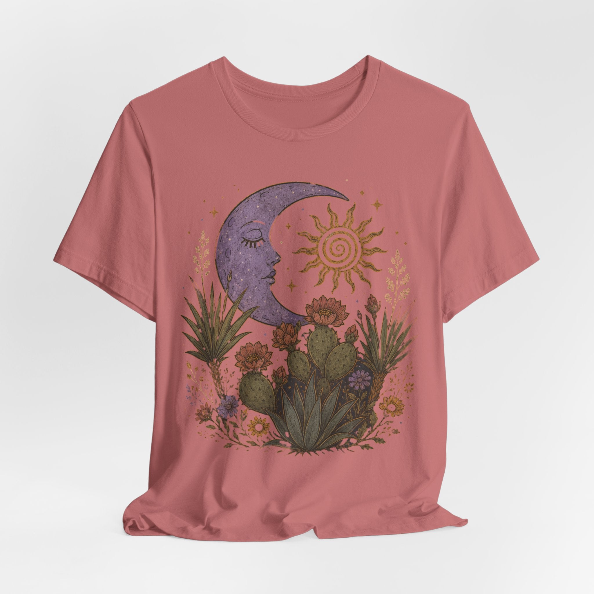Desert Moon and Sun Celestial Botanical T-Shirt flat lay Dark Grey Heather - unisex crew neck celestial desert graphic tee, Barely Outdoorsy