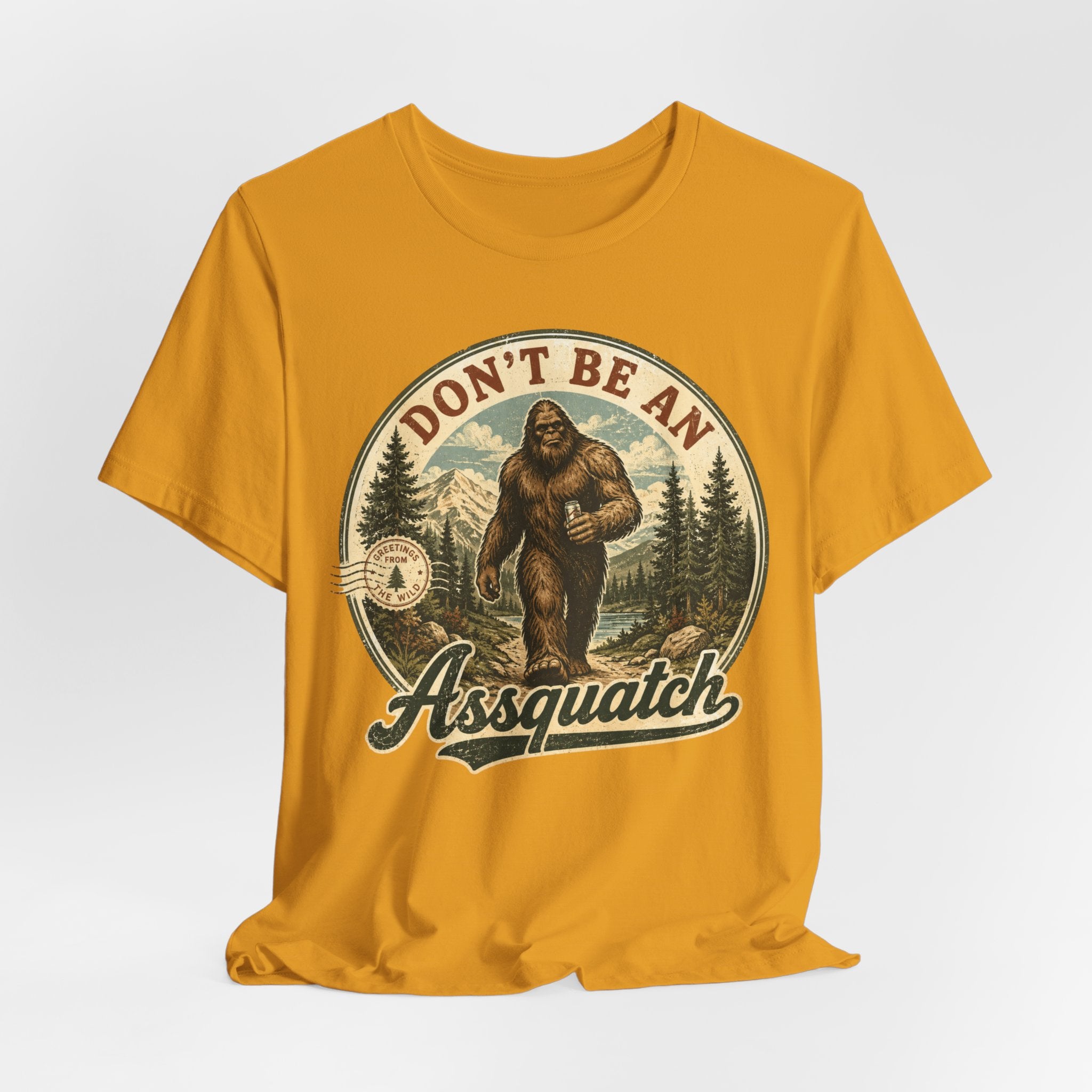 Don't Be An Assquatch Funny Bigfoot T-Shirt in Black - funny Sasquatch pun humor graphic tee, Barely Outdoorsy Bella Canvas 3001