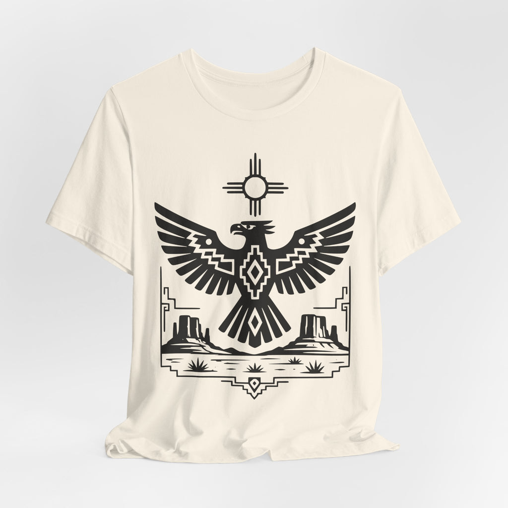 Thunderbird Zia Sun Desert T-Shirt in Heather Peach - bold Thunderbird Zia desert graphic tee, Barely Outdoorsy Bella Canvas