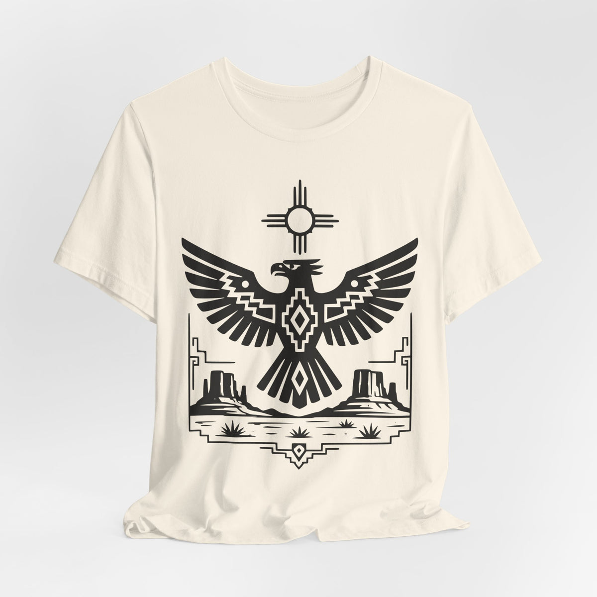 Thunderbird Zia Sun Desert T-Shirt in Heather Peach - bold Thunderbird Zia desert graphic tee, Barely Outdoorsy Bella Canvas