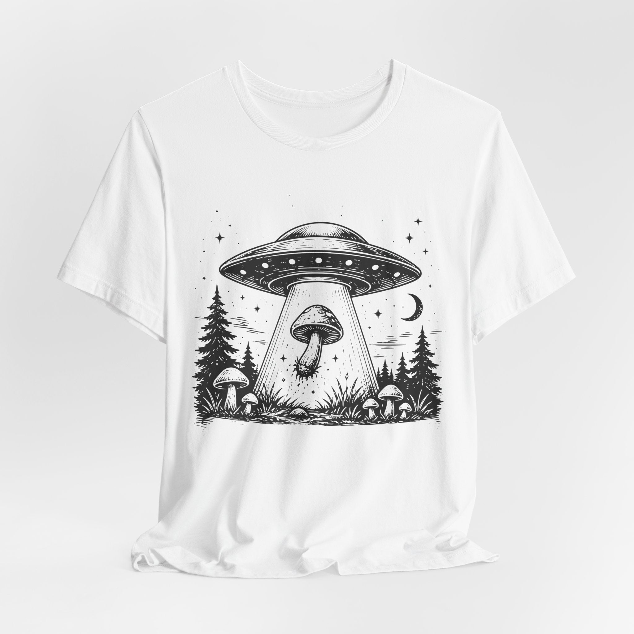 UFO Mushroom Abduction Tee in White - funny alien mushroom UFO humor shirt, Barely Outdoorsy