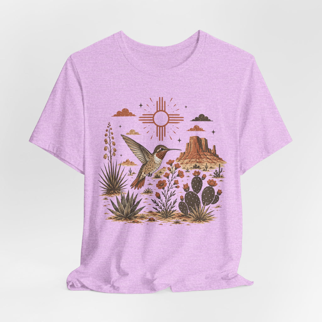 Desert Hummingbird Southwest Botanical T-Shirt in Athletic Heather - botanical hummingbird desert wildflower graphic tee, Barely Outdoorsy Bella Canvas 3001