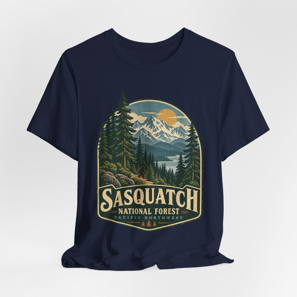 Sasquatch National Forest Tee in Black Heather - retro Bigfoot national park shirt, Barely Outdoorsy Bella Canvas