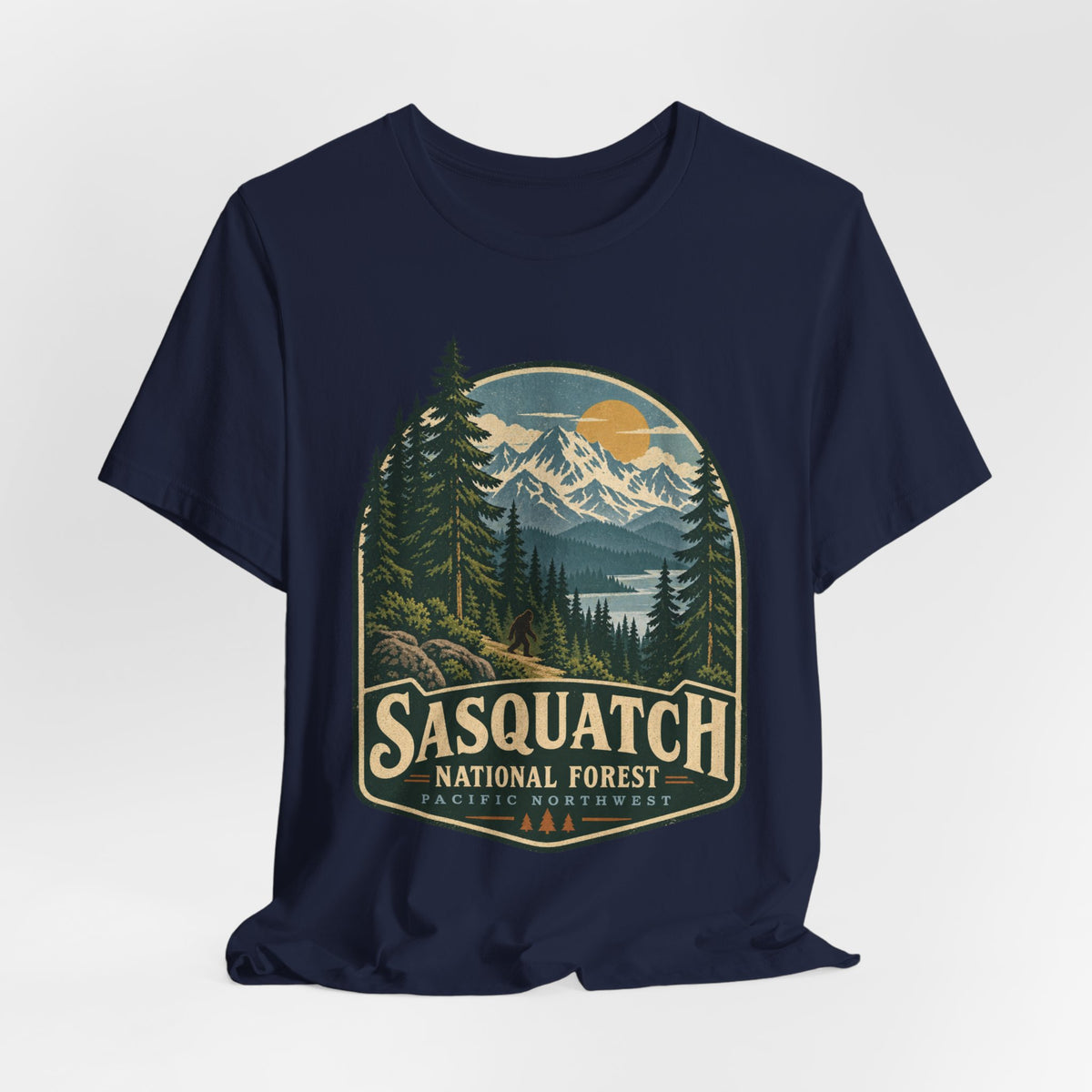 Sasquatch National Forest Tee in Black Heather - retro Bigfoot national park shirt, Barely Outdoorsy Bella Canvas