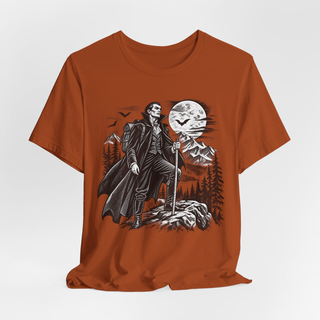 Vampire Night Hiker T-Shirt in Dark Grey Heather - funny Halloween vampire hiking vintage engraving graphic tee, Barely Outdoorsy Bella Canvas 3001