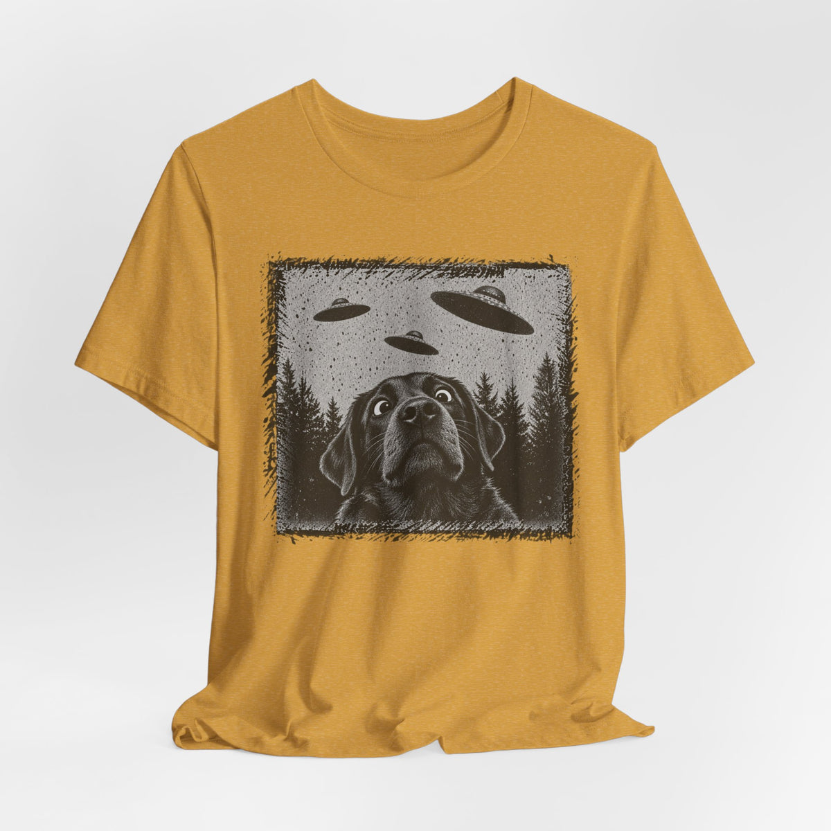 Black Lab UFO Tee flat lay Heather Green - unisex crew neck dog UFO graphic tee, Barely Outdoorsy