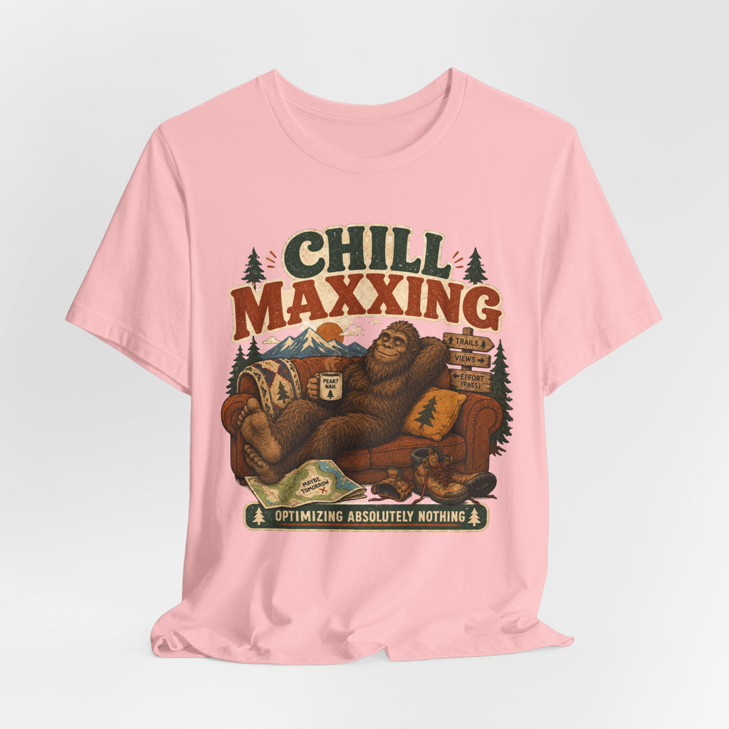 Chill Maxxing Bigfoot T-Shirt in Mauve - funny outdoor humor lazy hiker graphic tee, Bella Canvas 3001