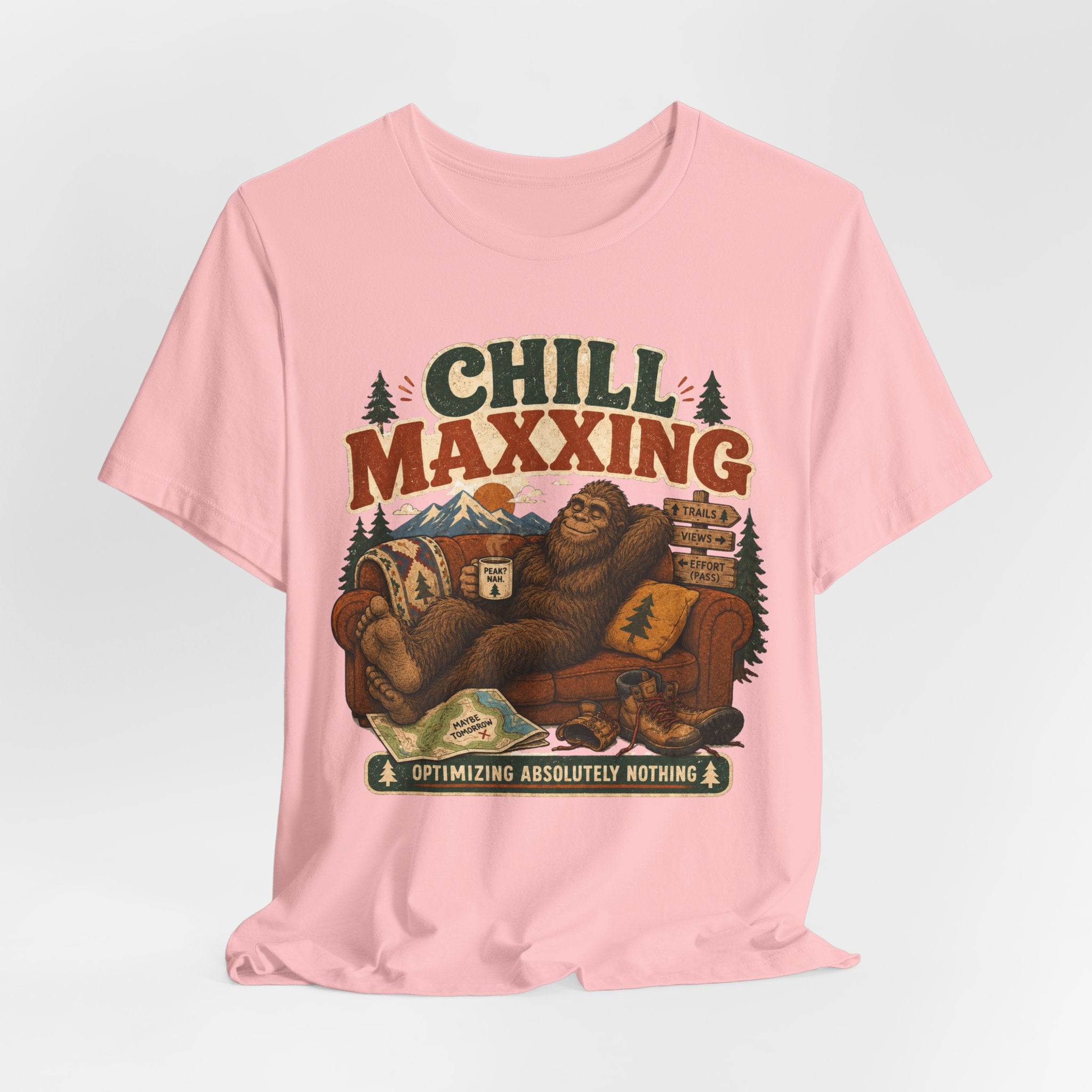 Chill Maxxing Bigfoot T-Shirt in Mauve - funny outdoor humor lazy hiker graphic tee, Bella Canvas 3001