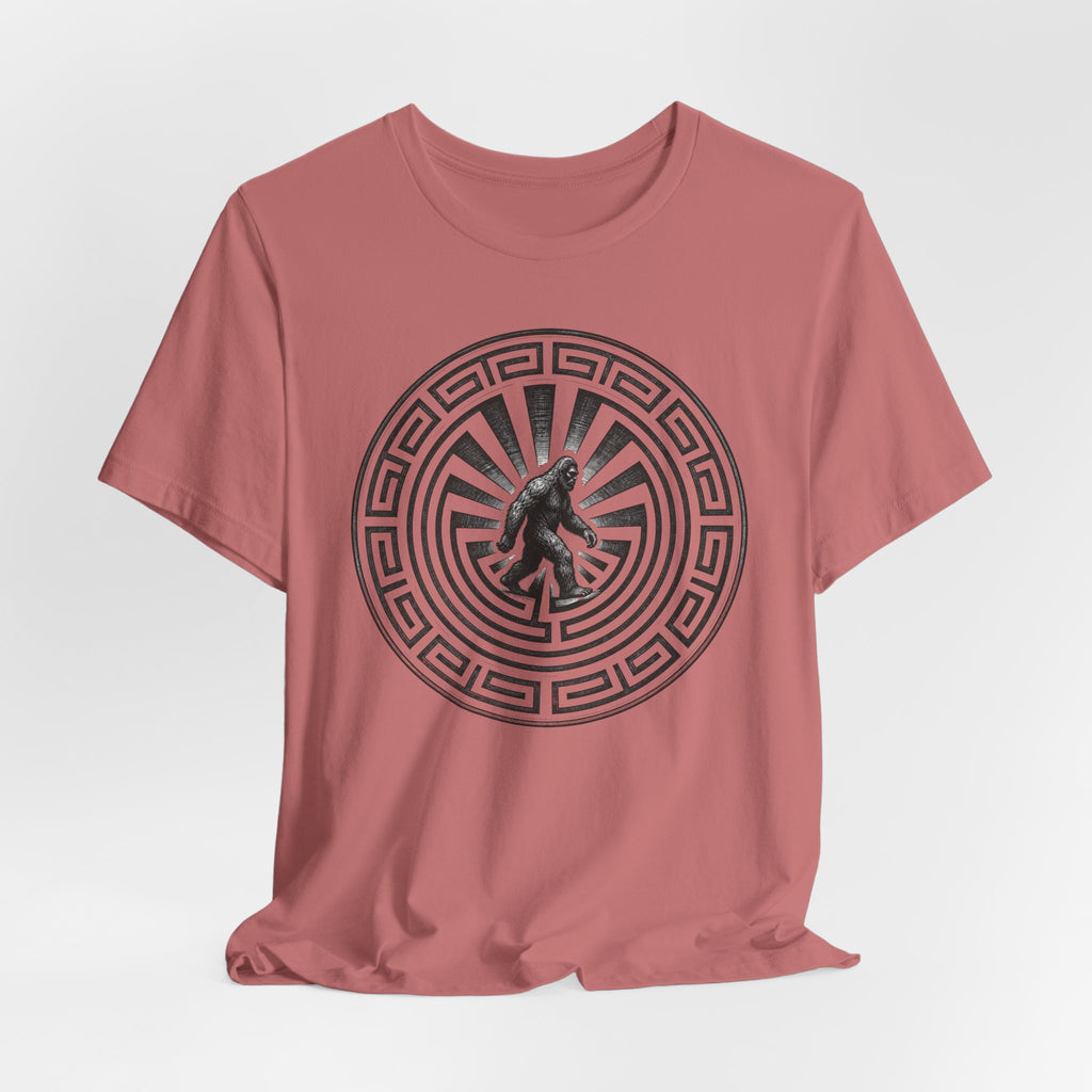 Bigfoot in a Maze Petroglyph Tee in Mauve - desert art Bigfoot maze shirt, Barely Outdoorsy Bella Canvas 3001