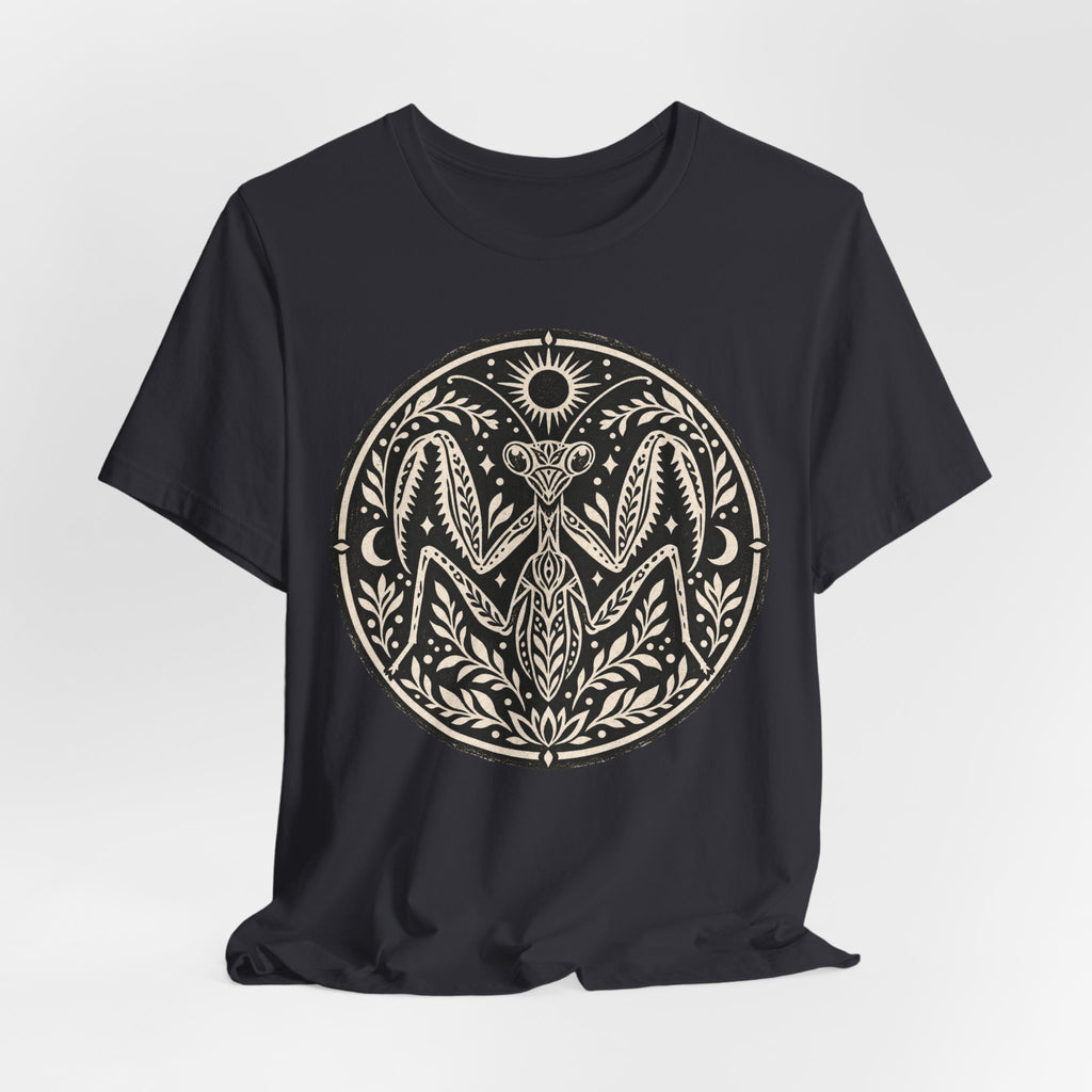 Celestial Praying Mantis T-Shirt in Heather Olive - witchy celestial moon praying mantis bug graphic tee, Barely Outdoorsy