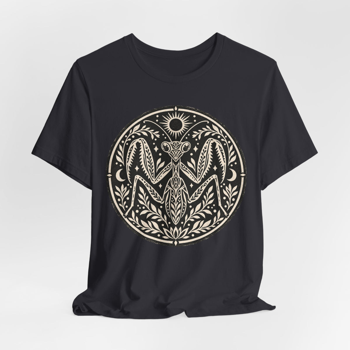 Celestial Praying Mantis T-Shirt in Heather Olive - witchy celestial moon praying mantis bug graphic tee, Barely Outdoorsy