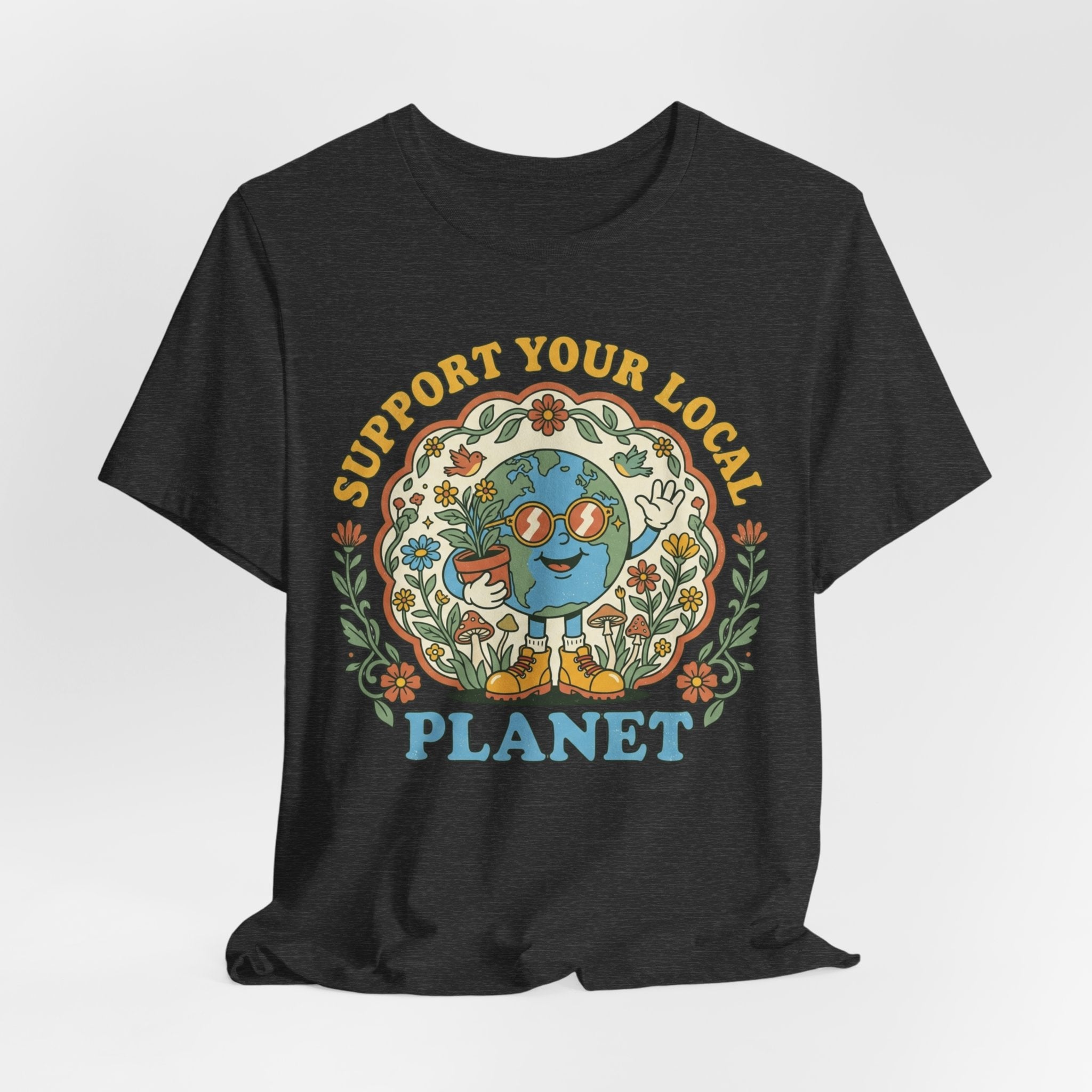 Support Your Local Planet Tee in Heather Prism Lilac - nature humor environmental shirt, Barely Outdoorsy Bella Canvas 3001