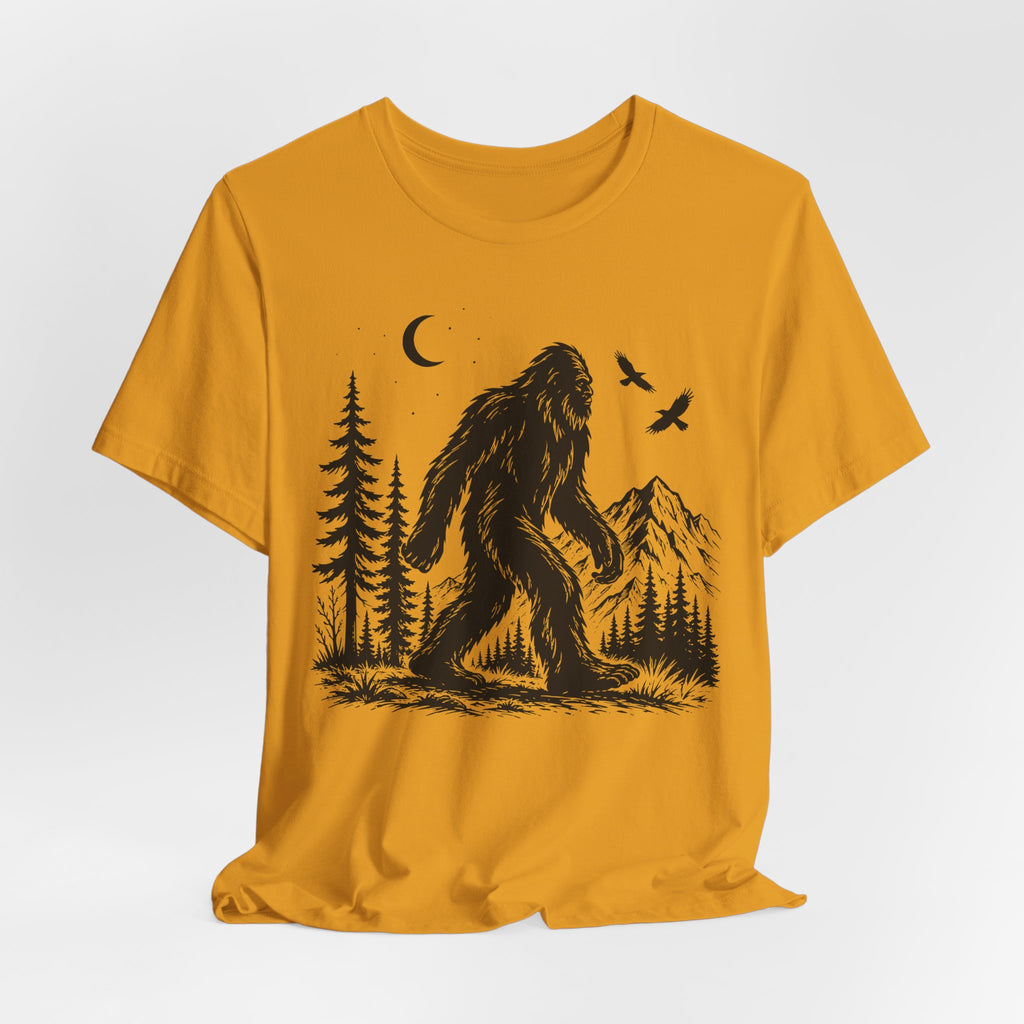 Bigfoot Night Forest Mountain T-Shirt in White worn shot - painterly Bigfoot night mountain shirt, Barely Outdoorsy