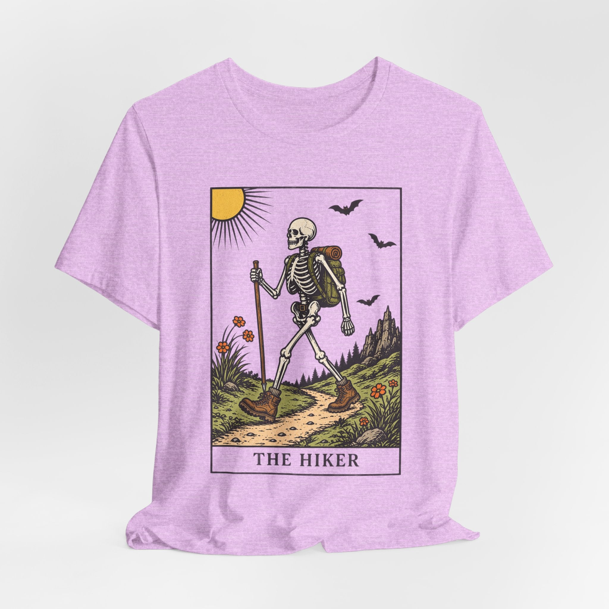 The Hiker Tarot Card Tee in Mauve - funny skeleton hiker tarot card shirt, Barely Outdoorsy Bella Canvas