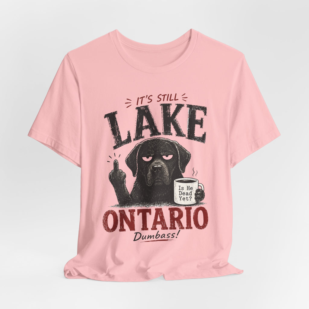 It's Still Lake Ontario Dumbass T-Shirt in White worn shot - funny Great Lakes Lake Ontario shirt, Barely Outdoorsy