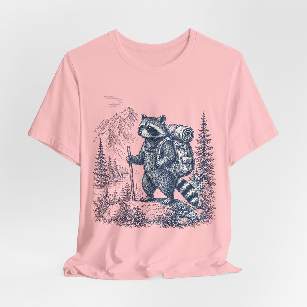 Backpacking Raccoon Hiking T-Shirt flat lay Athletic Heather - unisex crew neck raccoon hiking graphic tee, Barely Outdoorsy