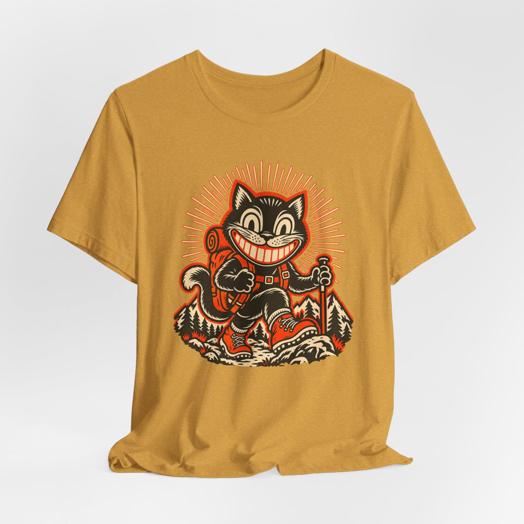 Grinning Black Cat Hiker Tee in Heather Dusty Blue - funny black cat hiker shirt, Barely Outdoorsy Bella Canvas 3001