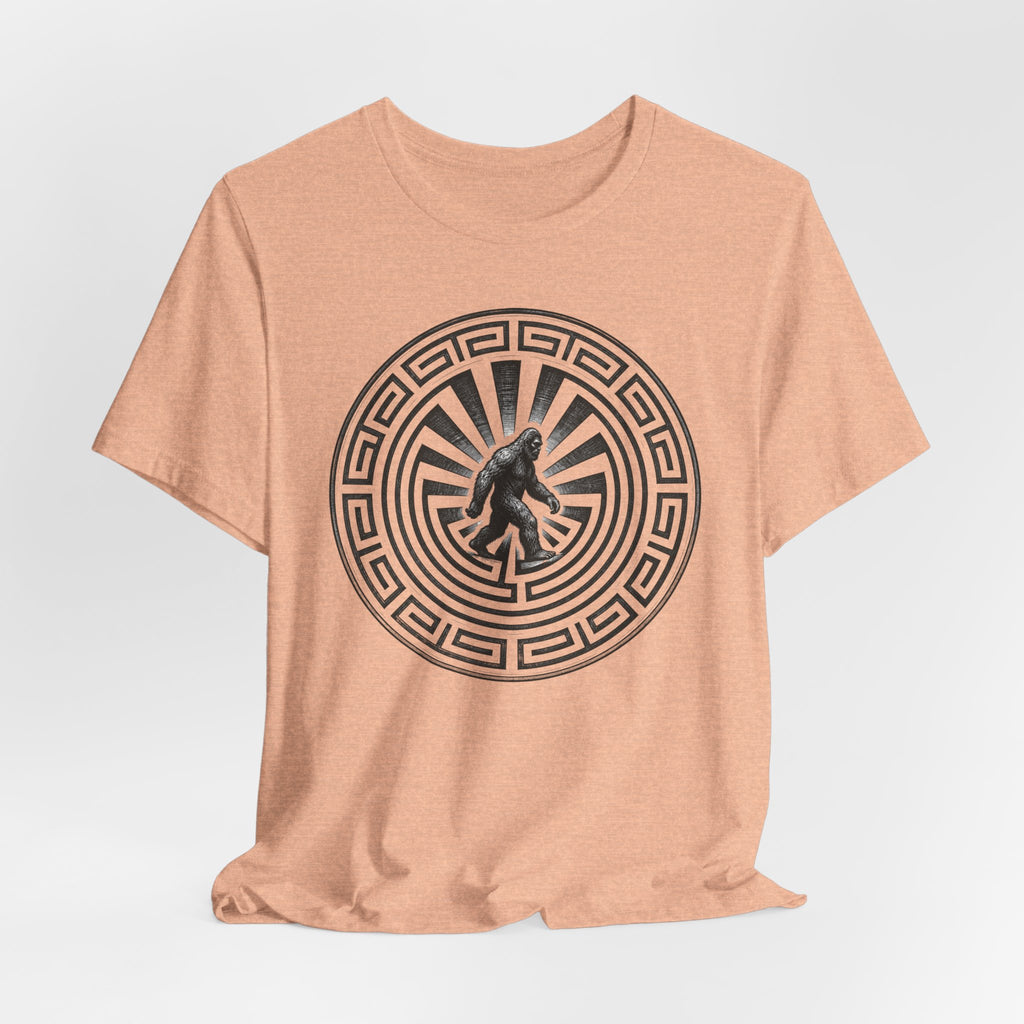 Bigfoot in a Maze Petroglyph T-Shirt in Heather Peach - Southwest petroglyph Sasquatch maze graphic tee, Barely Outdoorsy Bella Canvas
