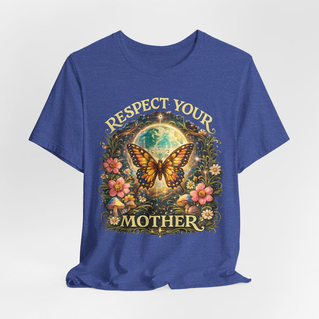 Respect Your Mother Butterfly T-Shirt in Heather Ice Blue - monarch butterfly mushroom wildflower graphic tee, Barely Outdoorsy Bella Canvas