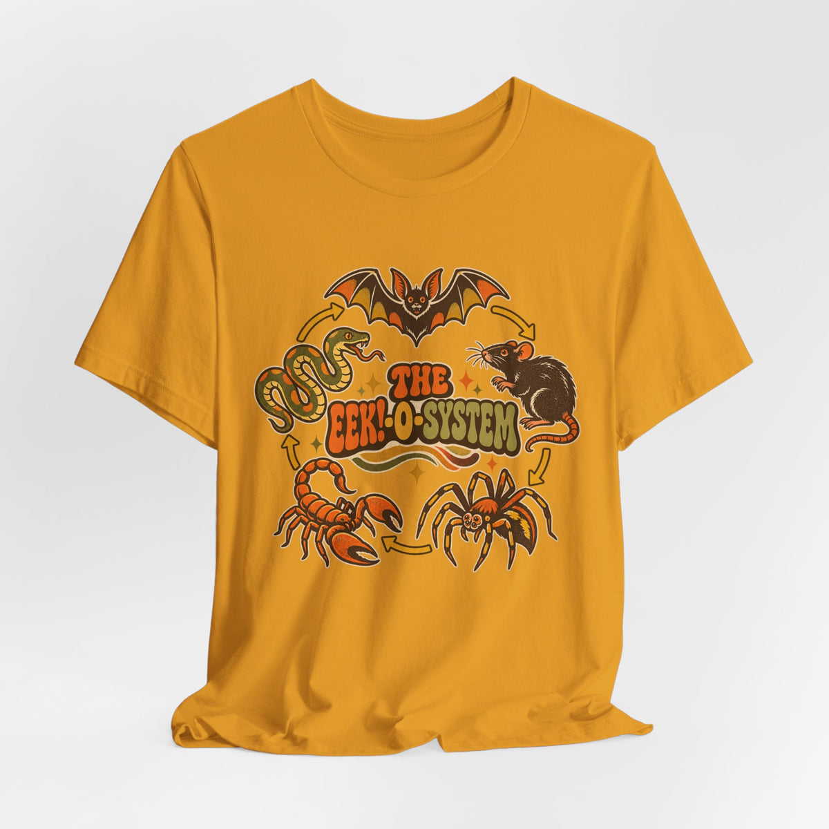 The Eek-O-System Creepy Critters T-Shirt in Heather Kelly - funny spooky nature eek-o-system graphic tee, Barely Outdoorsy Bella Canvas