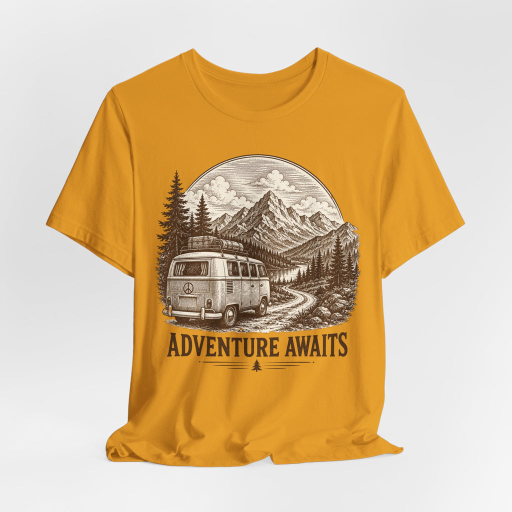 Adventure Awaits T-Shirt in Heather Ice Blue - vintage etching van mountain river graphic tee, Barely Outdoorsy