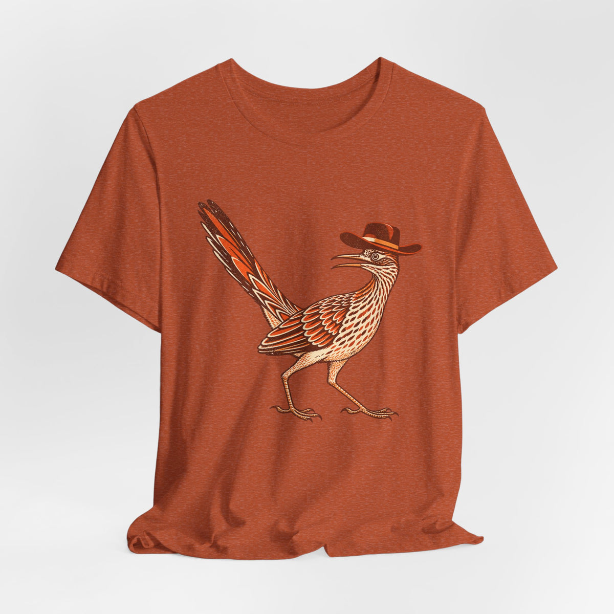 Cowboy Roadrunner T-Shirt in Heather Purple - funny Southwest cowboy roadrunner humor graphic tee, Barely Outdoorsy