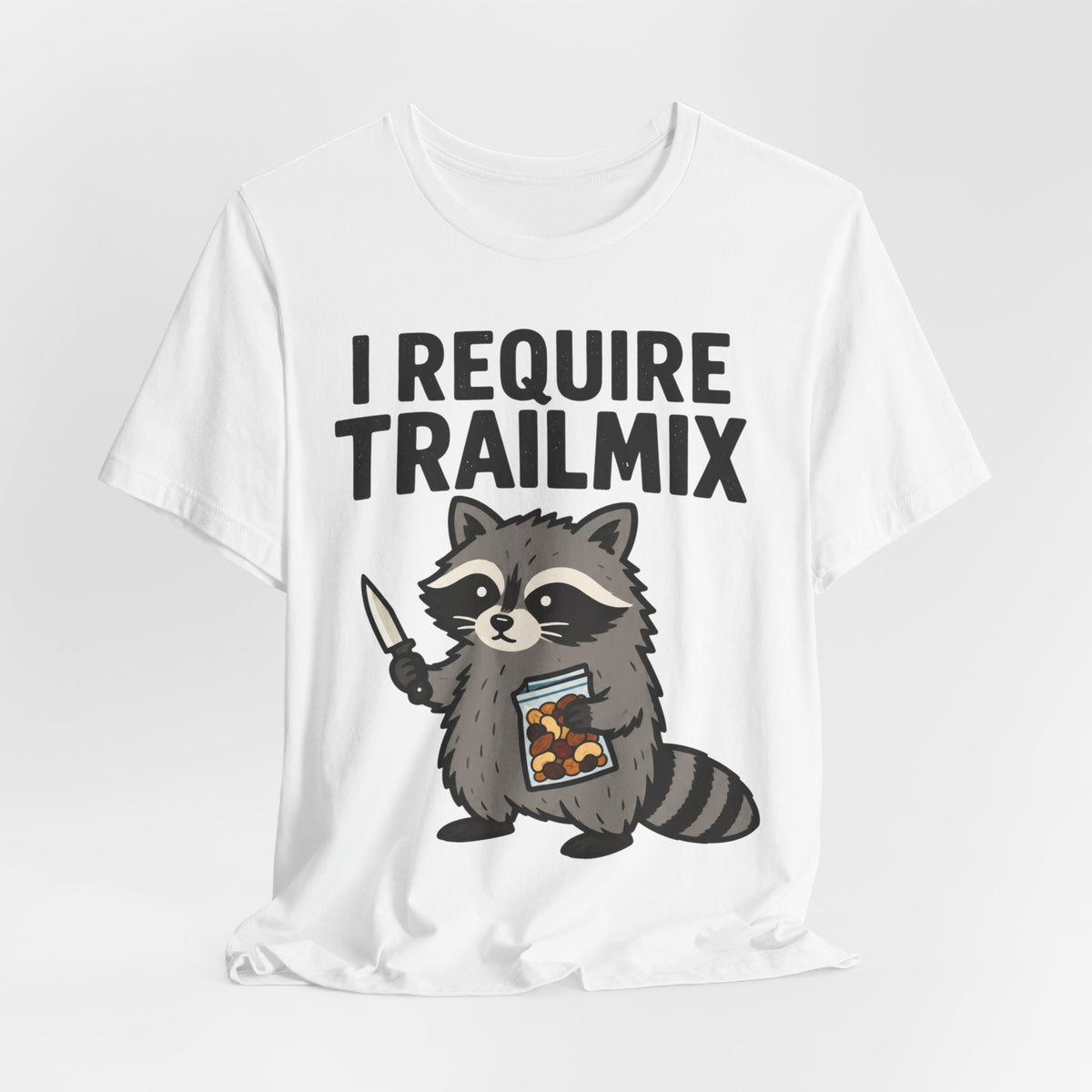 I Require Trailmix Raccoon Tee in Turquoise - funny raccoon trail mix humor shirt, Barely Outdoorsy