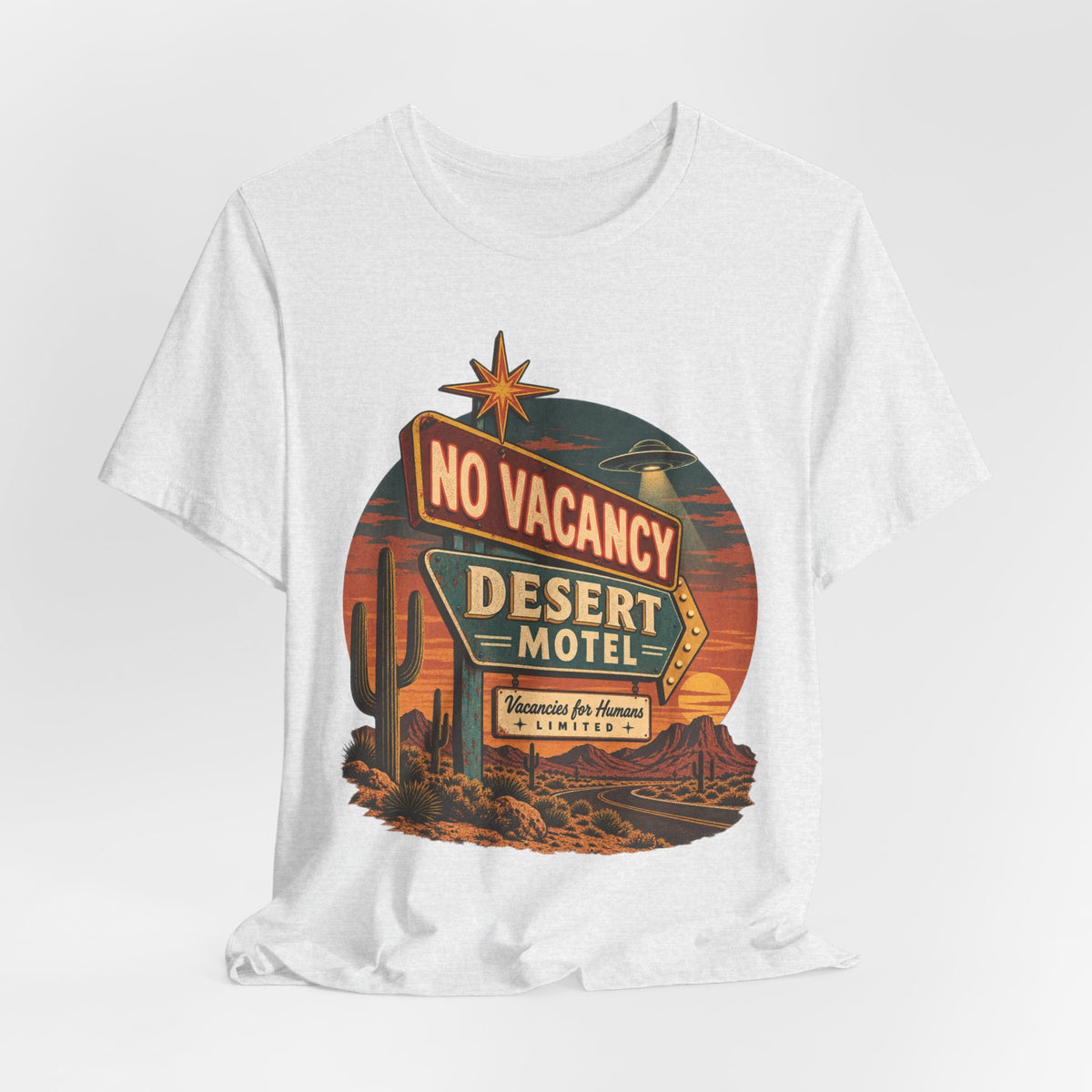 Desert Motel No Vacancy UFO Tee in Maroon - funny desert motel UFO shirt, Barely Outdoorsy Bella Canvas 3001