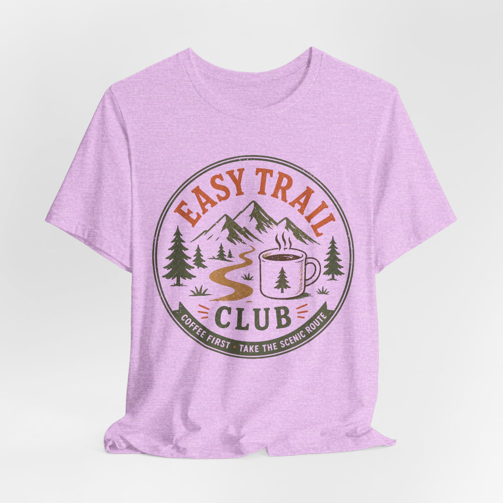Close-up Easy Trail Club coffee illustration on cotton graphic tee