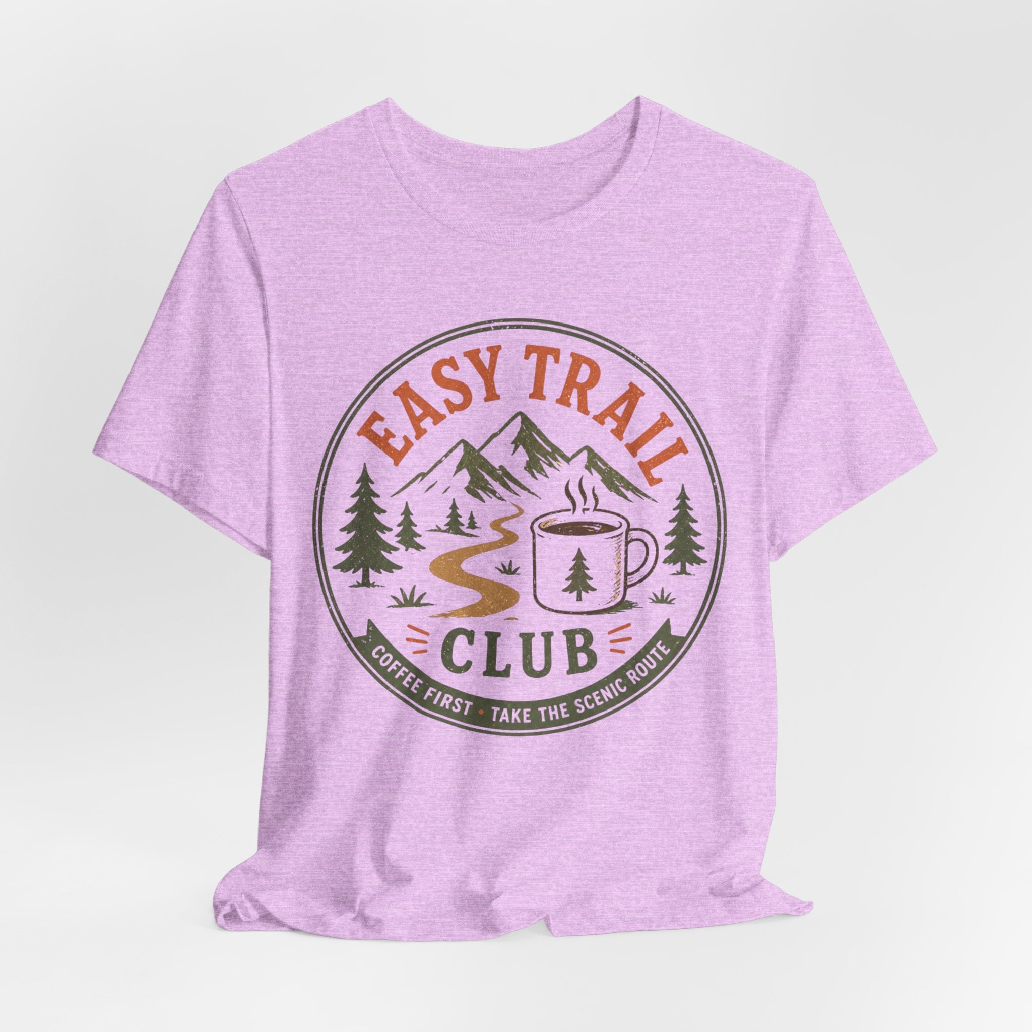 Close-up Easy Trail Club coffee illustration on cotton graphic tee