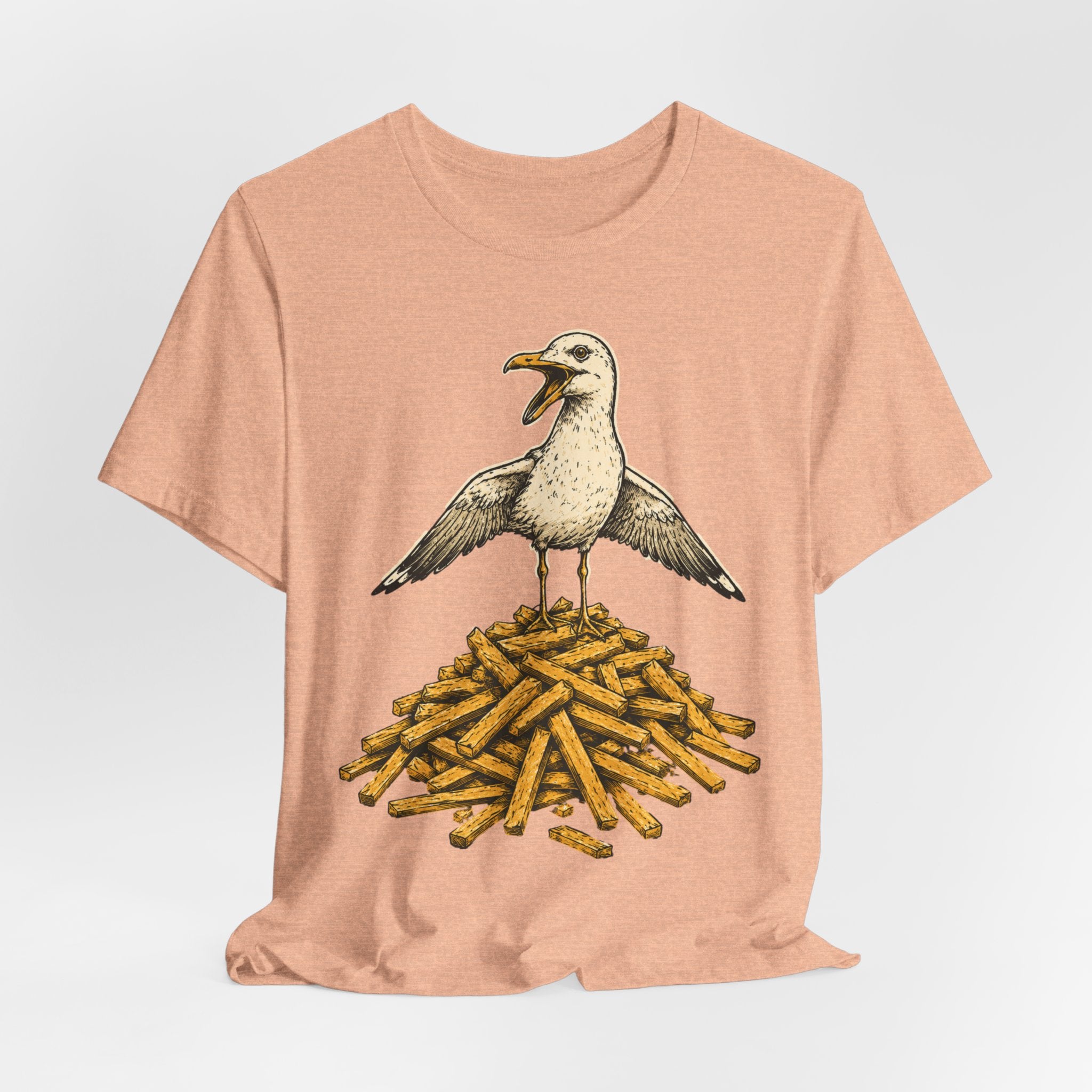 Seagull French Fry Mountain T-Shirt flat lay Athletic Heather - unisex crew neck seagull french fry graphic tee, Barely Outdoorsy