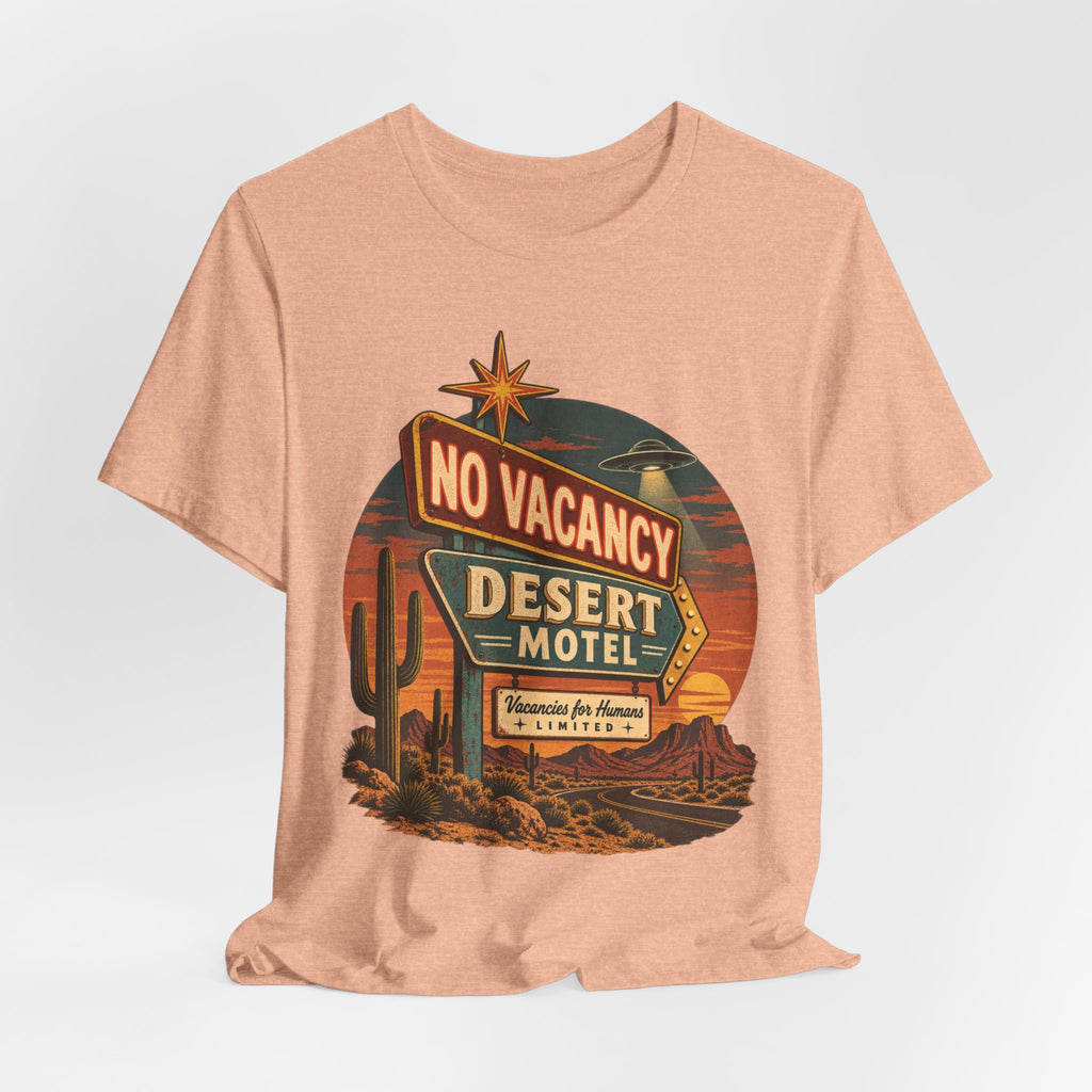 Desert Motel No Vacancy UFO Tee in Black worn shot - retro UFO motel humor shirt, Barely Outdoorsy