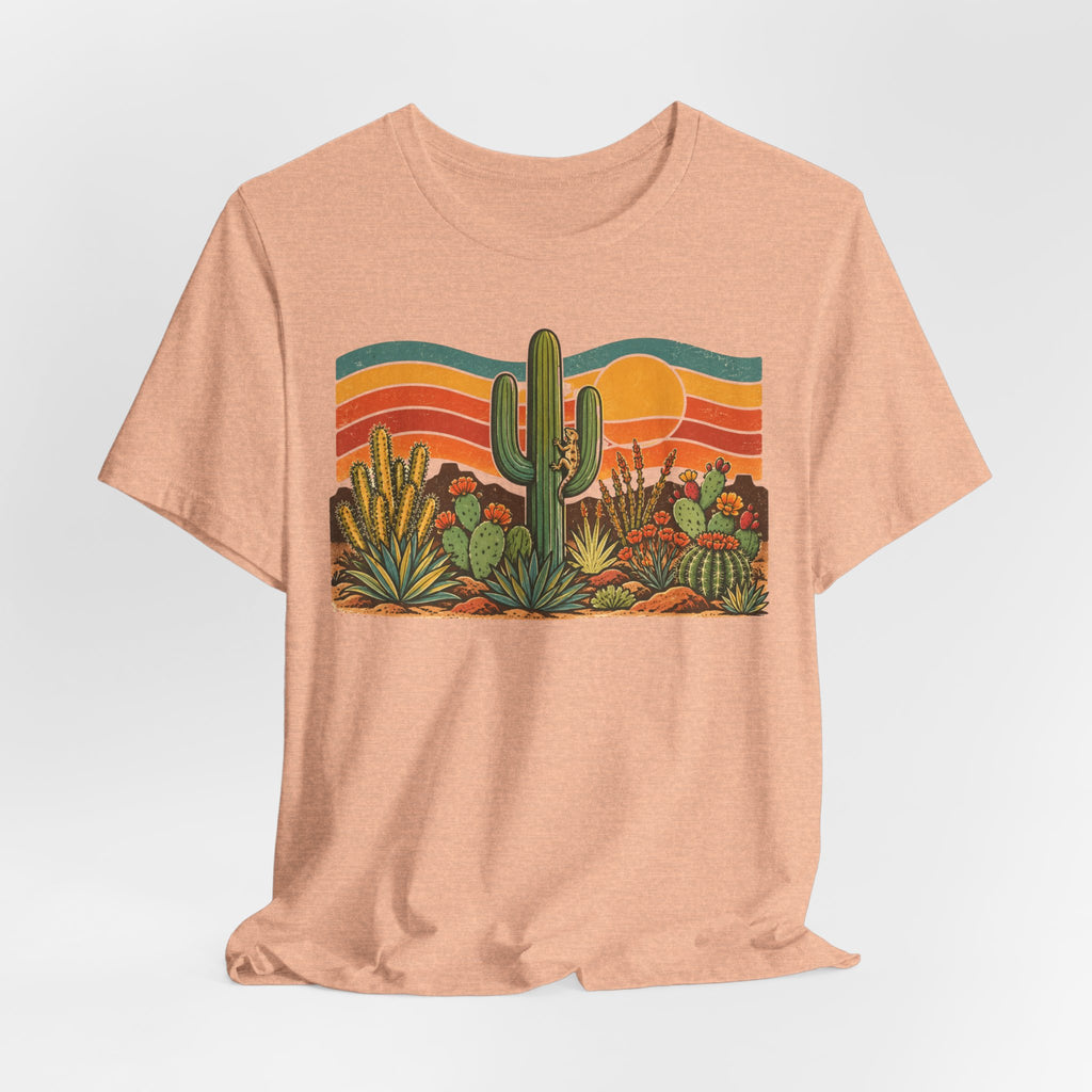 Retro Cactus Garden Desert Sunset T-Shirt in Dark Grey Heather - Southwest botanical cactus garden graphic tee, Barely Outdoorsy Bella Canvas 3001