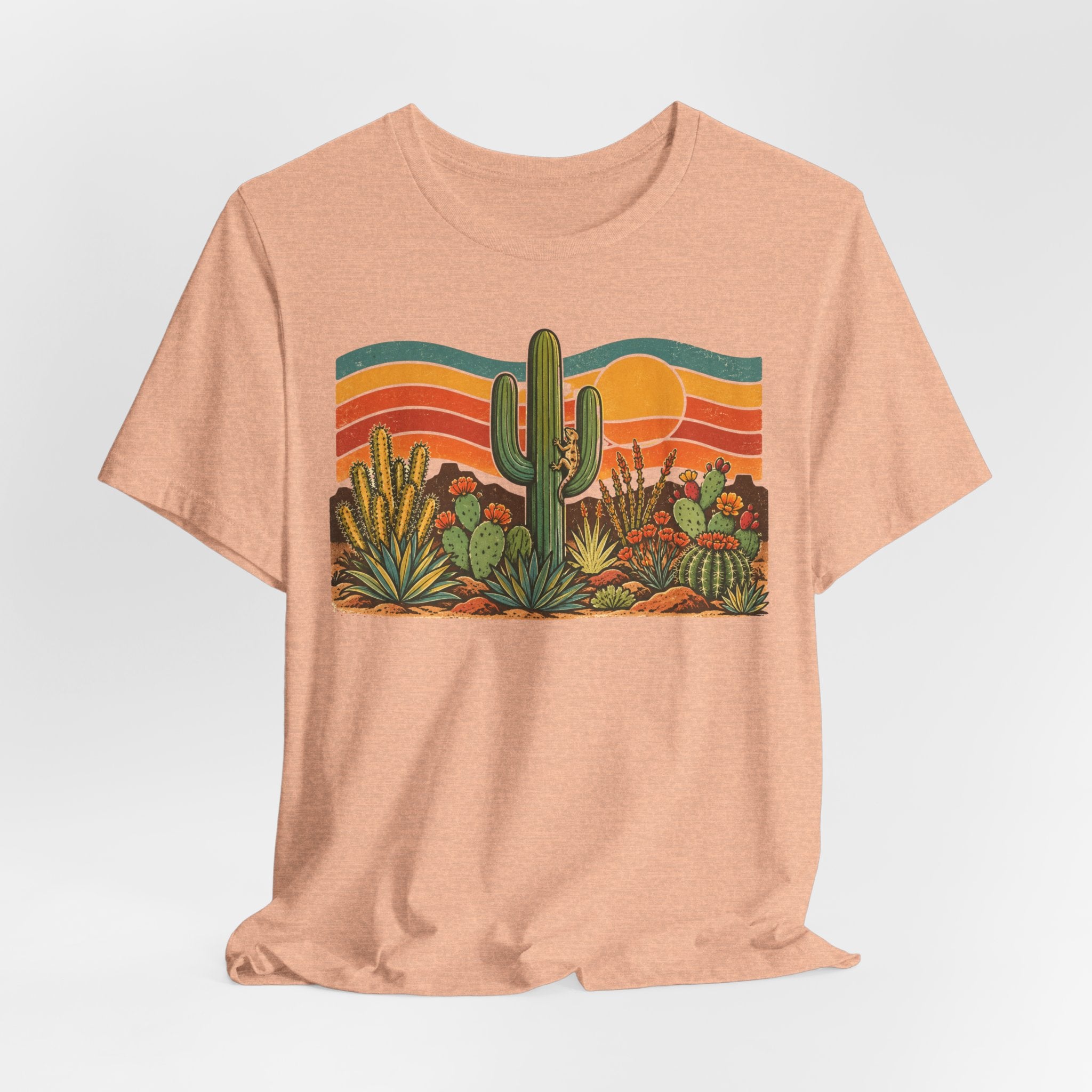Retro Cactus Garden Desert Sunset T-Shirt in Dark Grey Heather - Southwest botanical cactus garden graphic tee, Barely Outdoorsy Bella Canvas 3001