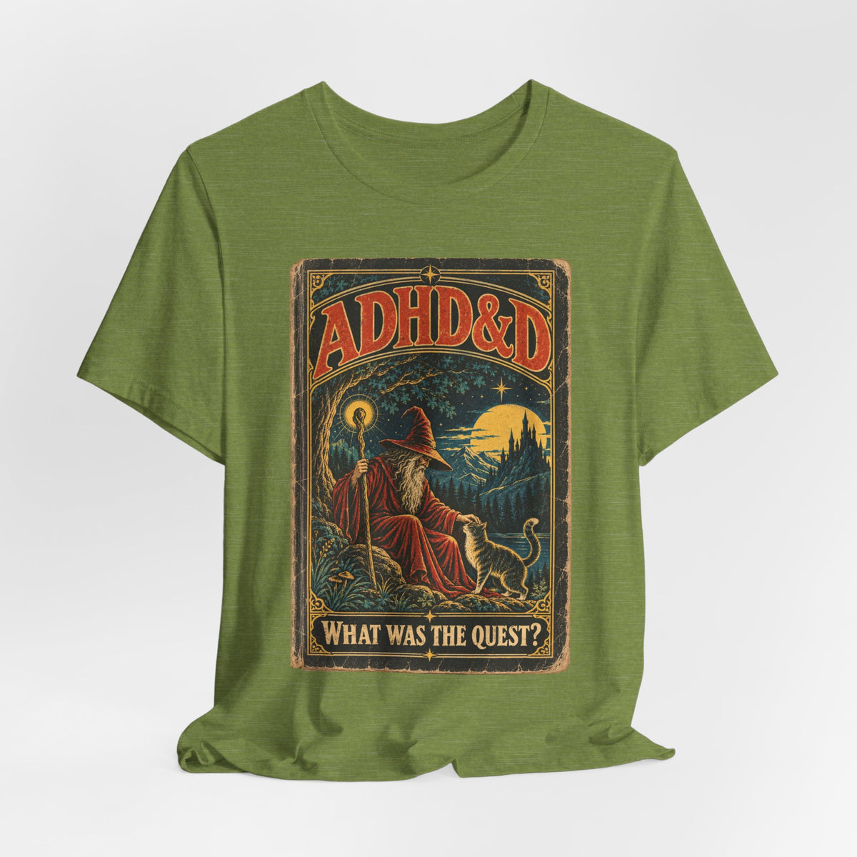 ADHD&D What Was the Quest T-Shirt in Heather Team Purple - funny ADHD neurodivergent D&D RPG parody graphic tee, Barely Outdoorsy