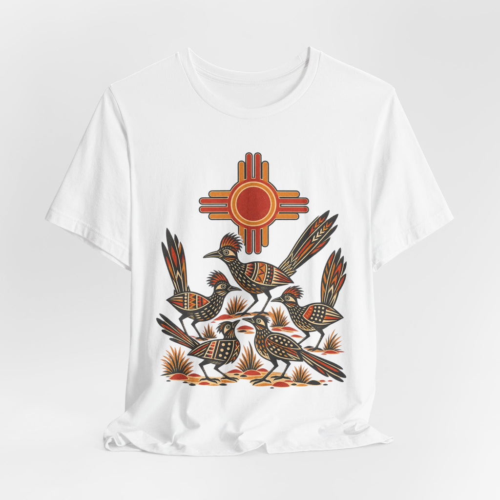 New Mexico Roadrunner Sun T-Shirt in Dark Grey Heather - Southwest New Mexico roadrunner sun graphic tee, Barely Outdoorsy Bella Canvas 3001