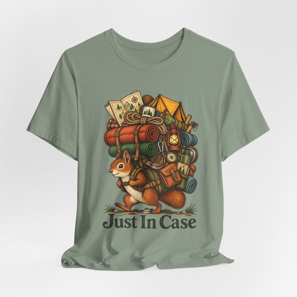 Just In Case Overpacked Squirrel Tee in Heather Bubble Gum - funny squirrel overpacked humor shirt, Barely Outdoorsy Bella Canvas
