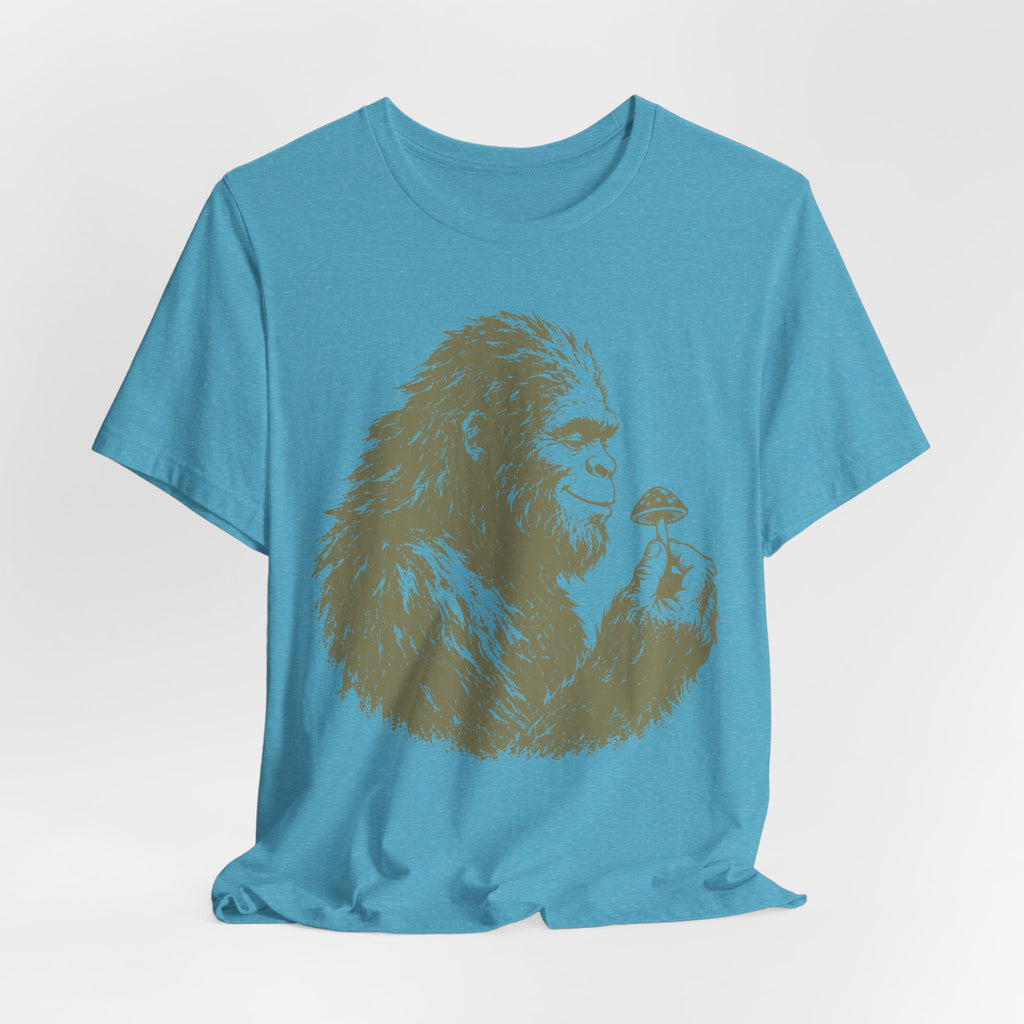 Person wearing Bigfoot mushroom graphic tee on trail funny outdoor shirt