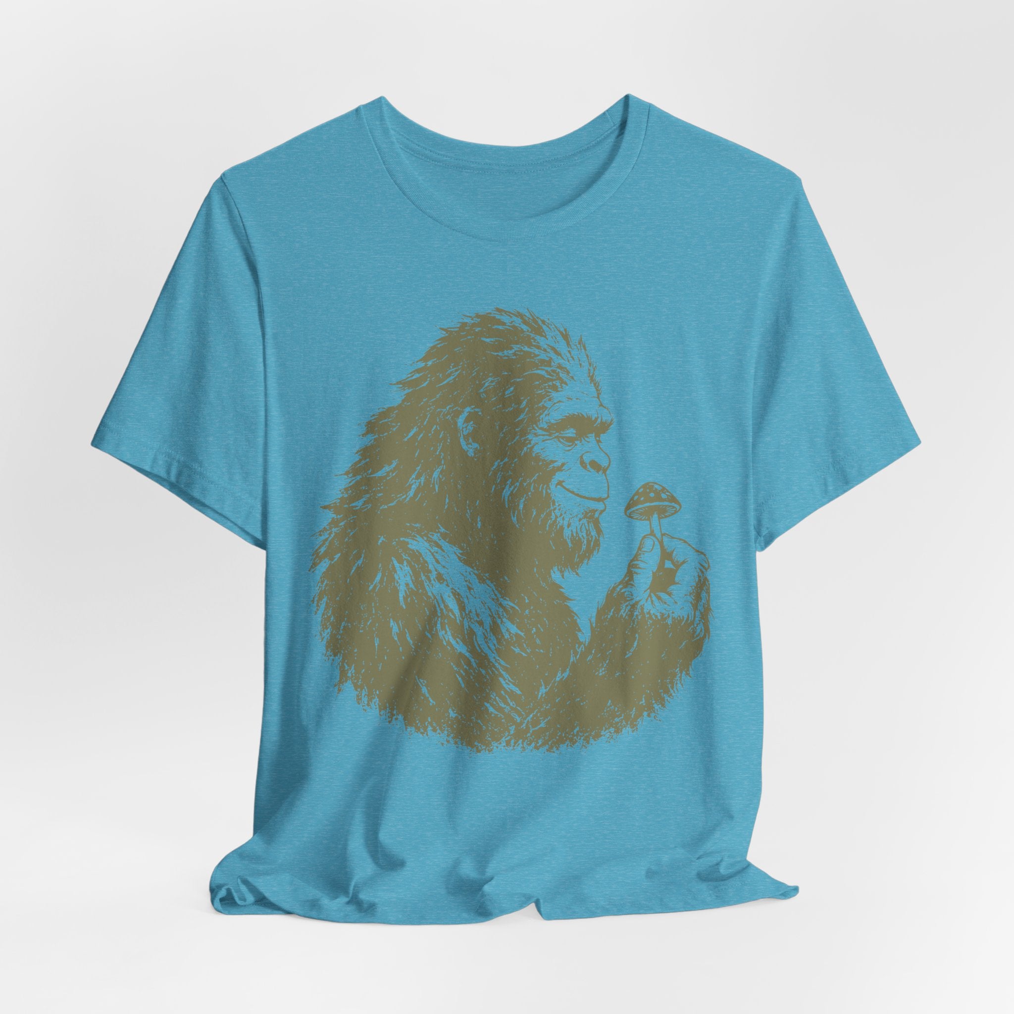 Person wearing Bigfoot mushroom graphic tee on trail funny outdoor shirt