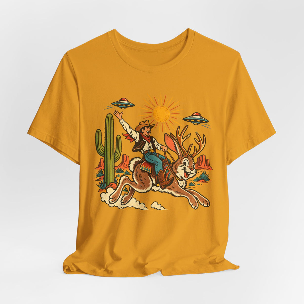 Jackalope Rodeo Rider Tee in Heather Peach - funny jackalope rodeo shirt, Barely Outdoorsy Bella Canvas 3001