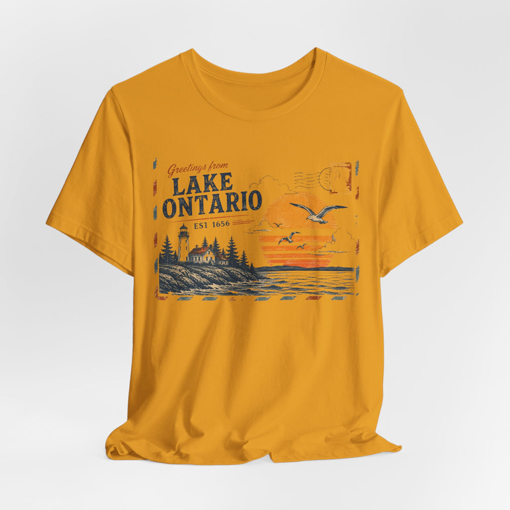 Lake Ontario Vintage Postcard Tee in Heather Prism Lilac - vintage Great Lakes postcard shirt, Barely Outdoorsy Bella Canvas