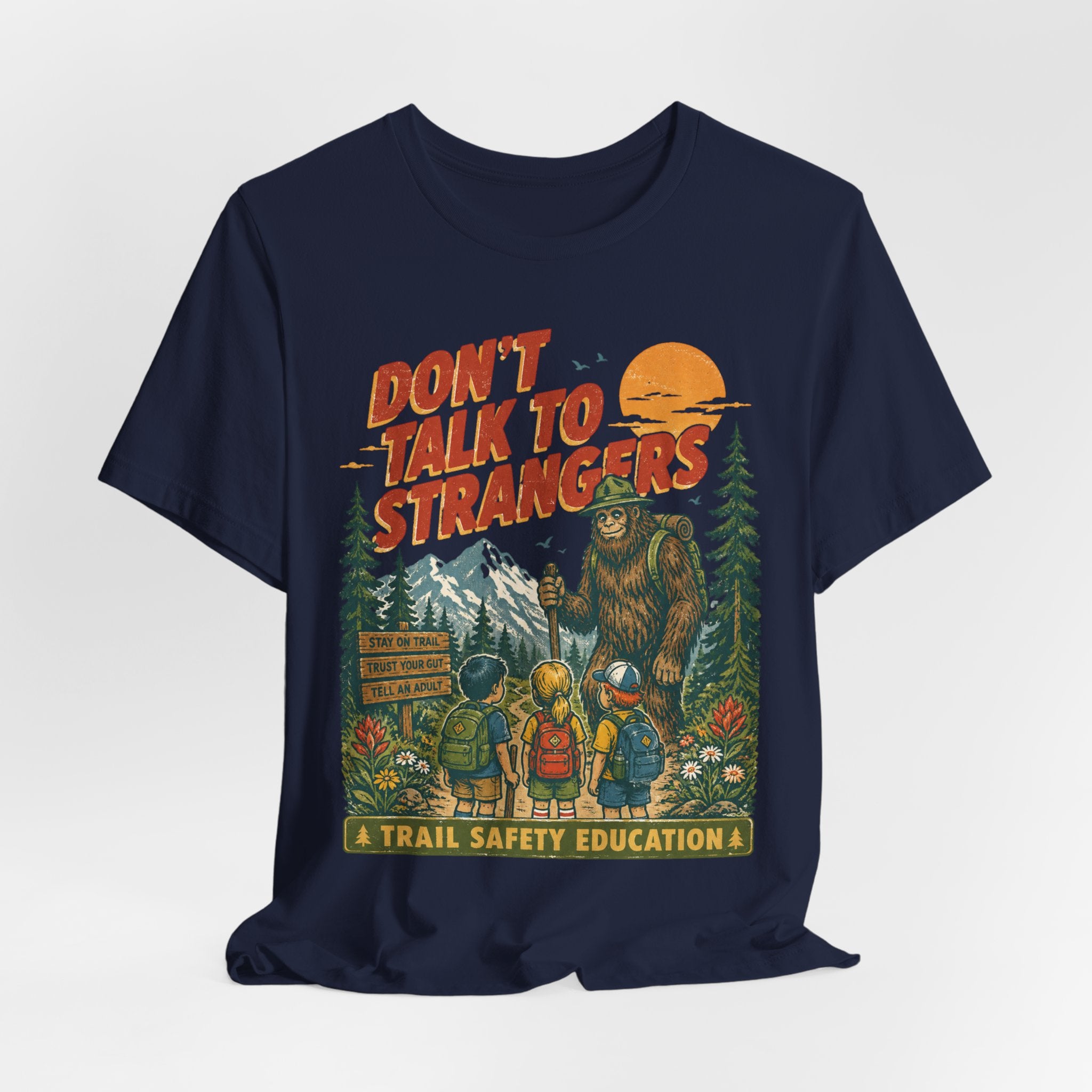 Don't Talk to Strangers Bigfoot T-Shirt in Navy worn shot - funny Bigfoot introvert shirt, Barely Outdoorsy
