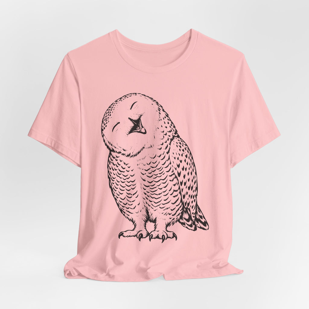 Owl Fine Line Tee in Pink detail - fine line owl portrait close-up graphic, Barely Outdoorsy Bella Canvas