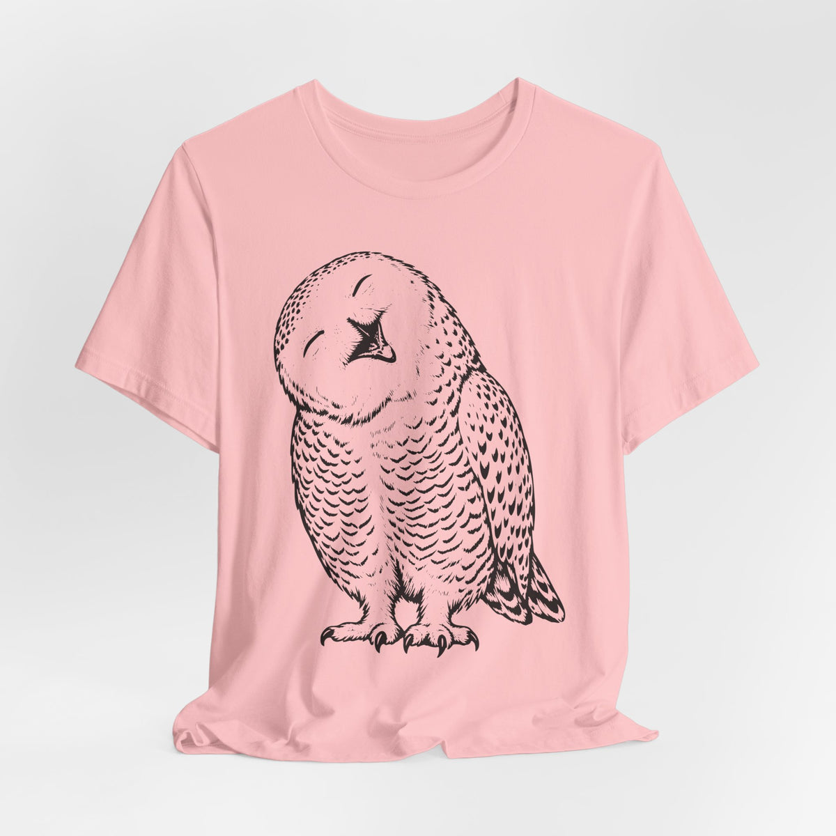 Owl Fine Line Tee in Pink detail - fine line owl portrait close-up graphic, Barely Outdoorsy Bella Canvas