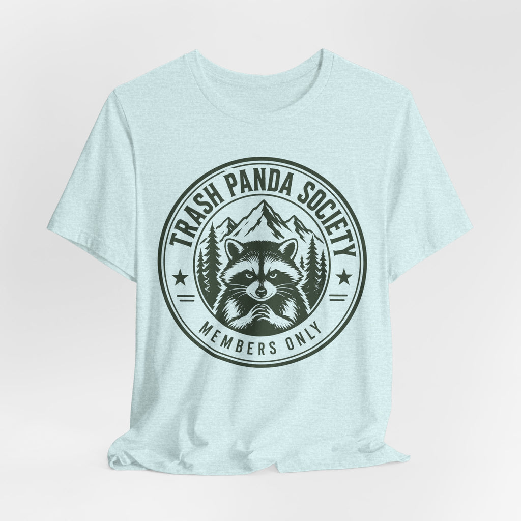 Trash Panda Society Tee in Heather Prism Ice Blue - funny trash panda badge graphic tee, Barely Outdoorsy