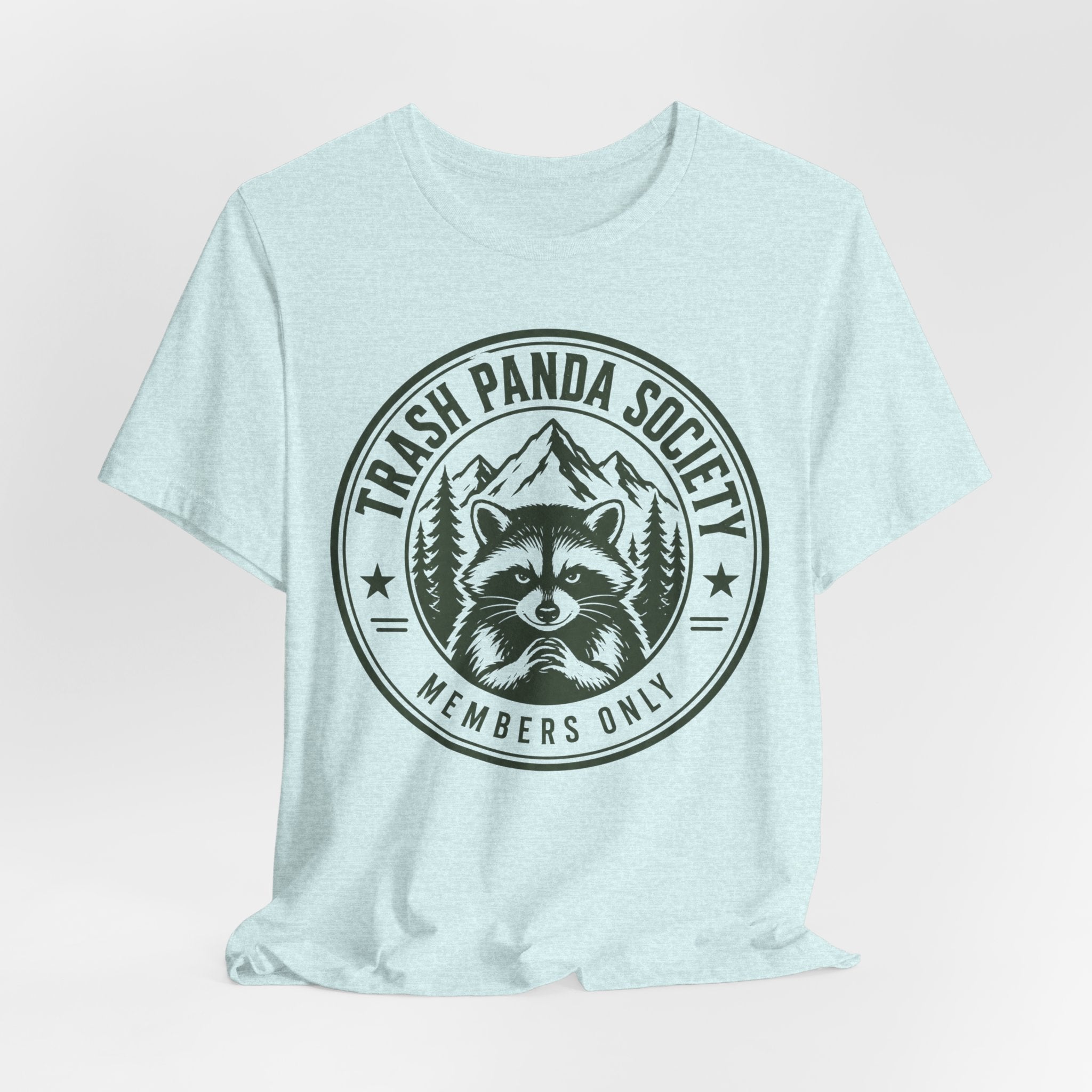 Trash Panda Society Tee in Heather Prism Ice Blue - funny trash panda badge graphic tee, Barely Outdoorsy
