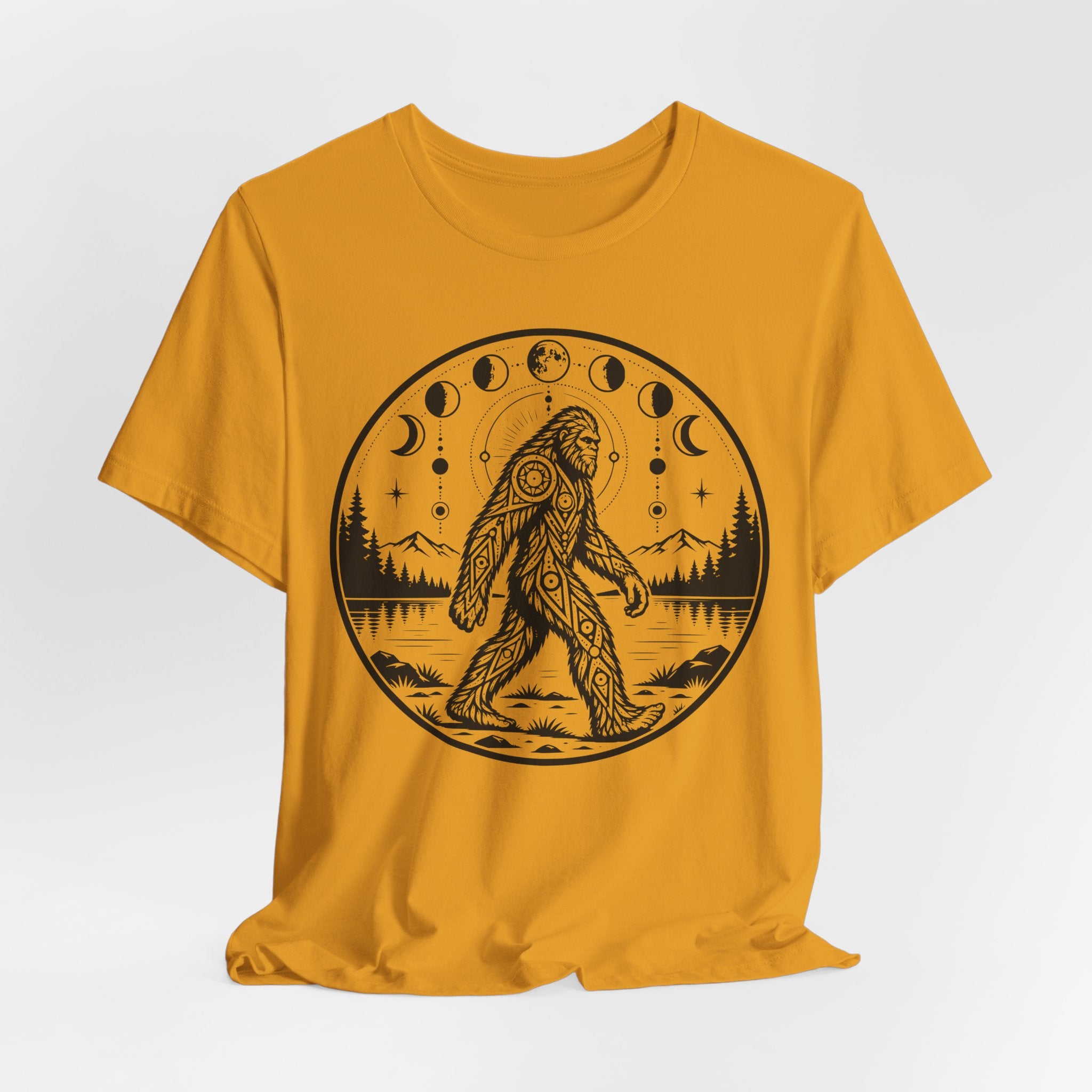 Bigfoot Moon Phases T-Shirt in Heather Prism Lilac - celestial Sasquatch moon graphic tee, Barely Outdoorsy