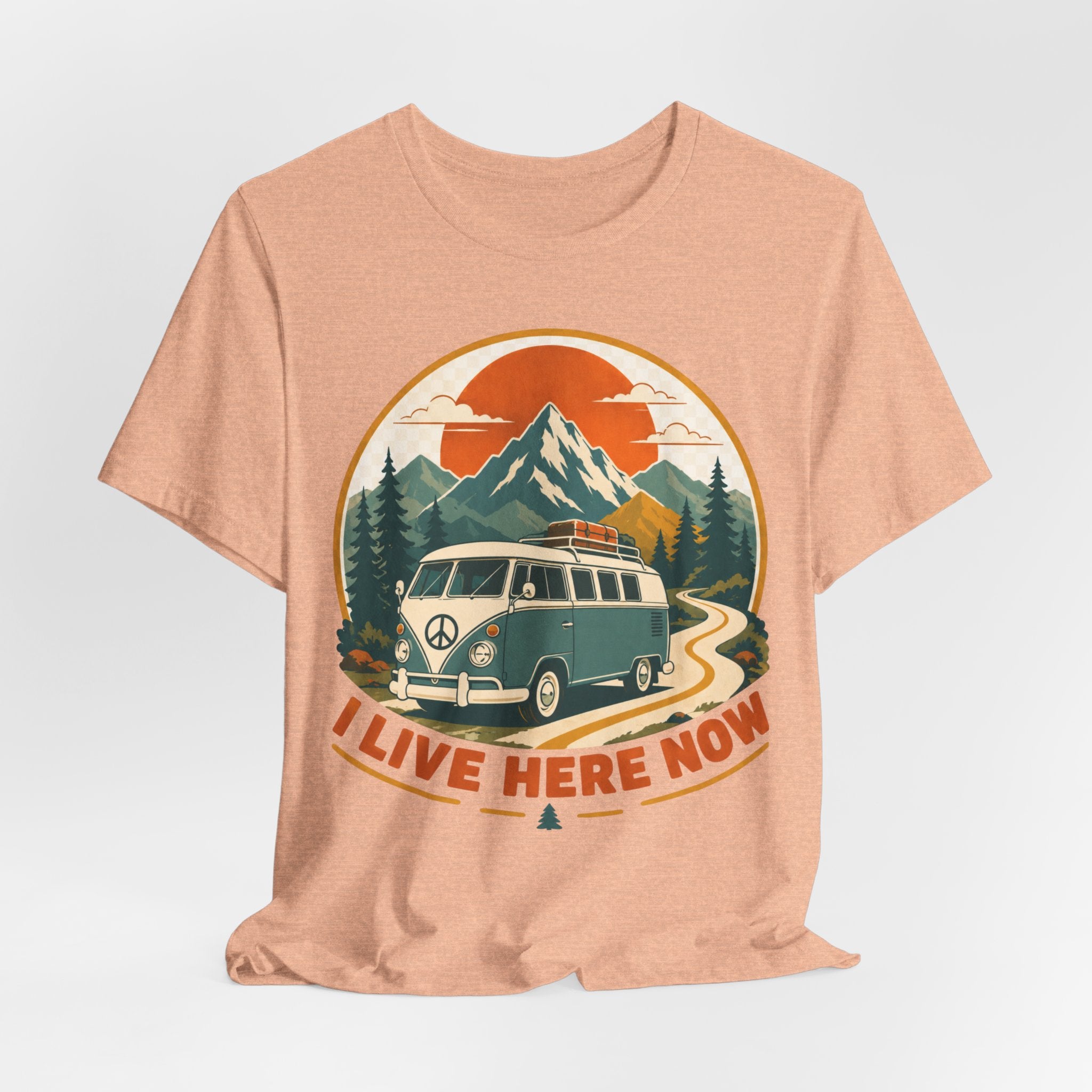 I Live Here Now Tee in Heather Peach - vintage van life road trip graphic shirt, Barely Outdoorsy Bella Canvas
