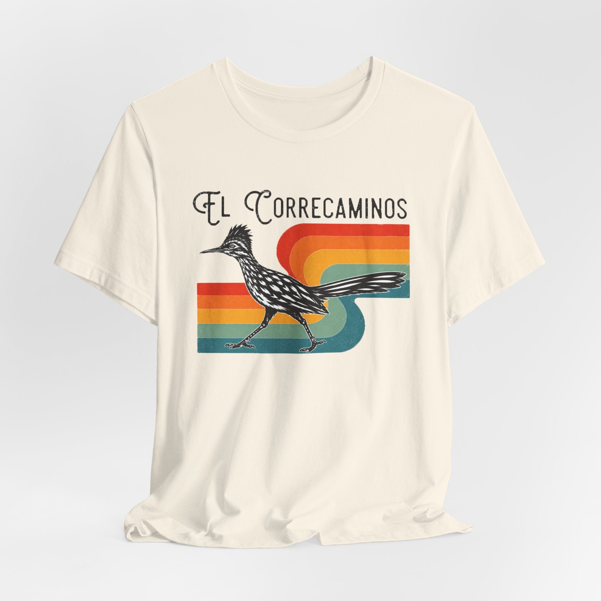 El Correcaminos roadrunner retro rainbow stripe t-shirt natural graphic tee BarelyOutdoorsy