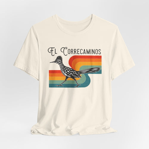 El Correcaminos roadrunner retro rainbow stripe t-shirt natural graphic tee BarelyOutdoorsy